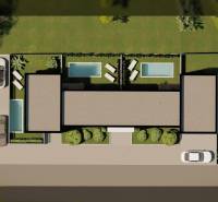 A family house in Nin with a swimming pool and parked cars on the street Nin.