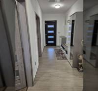 A hallway with a wooden decor floor in a family house with a mirror and a built-in wardrobe.