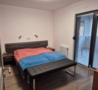 Bedroom in a family house with a wooden decor floor and access to a balcony.