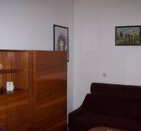 Living room in a two-room apartment with a wardrobe and a sofa, decorated with paintings.