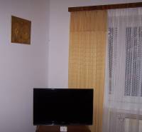 TV, curtains, and drapes in a 2-room apartment, simple frame with a picture.
