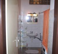 Bathroom in a 2-room apartment with a white sink, shower, and orange curtain.