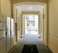 A hallway with checkered tiles, a bicycle in the background, a 2-room apartment on Konventna Street.