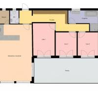 Floor plan of a family house with a terrace, kitchen, pantry, bathroom, and three rooms.