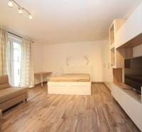 Living area in a studio apartment with a bed and a floor with a wood decor.