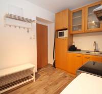 A kitchen in a studio apartment with a kitchen unit, appliances, and a floor with a wood decor.