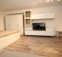 A bedroom corner with a TV, storage space, and a wooden decor floor in a studio apartment.