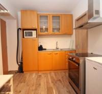 Kitchen in a studio apartment with a wood-patterned floor, light wooden cabinets.