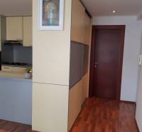 Interior of a 3-room apartment with wood-patterned flooring, a kitchen, and a built-in wardrobe.