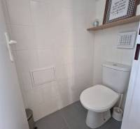 A restroom with white tiles and a decorative shelf in commercial premises.