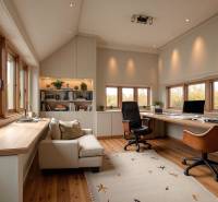 An office with a wood-patterned floor, large windows, a shelf, and armchairs.