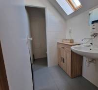 A bathroom with a skylight, light tiles, and wooden decor furniture in commercial premises.