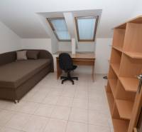 A room in a family house with a bed, table, shelves, tiles, and skylights.