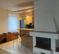 A kitchen in a family house with a bar, fireplace, wooden decor, and furniture.