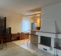Kitchen and living room with a fireplace and a bar counter, floor with wooden decor.