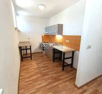 A kitchen in a 2-room apartment with a wooden decor floor and orange tiles.