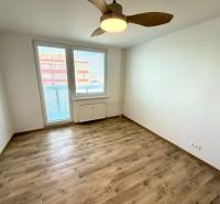 A room in a studio apartment with a wood-patterned floor, a ceiling fan, and a window with a view.