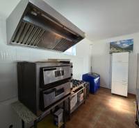 Gastro premises with an oven, extractor hood, and refrigerator, floor with wooden decor.