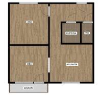 Floor plan of a 2-room apartment with a bathroom, toilet, and balcony, flooring with a wooden decor.