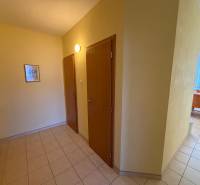 Hallway in a 2-room apartment with tiles and wooden doors.