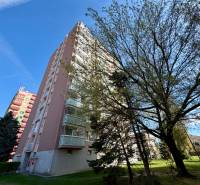 In the town of Senica on Štefánikova Street, there is a high-rise building surrounded by greenery.