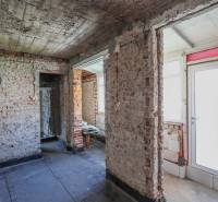 A family house with unfinished brick walls and white doors, concrete floor.