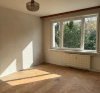 A room with a large window, a chandelier, and a floor with a wooden decor, a 2-room apartment.