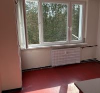 A room in a 2-room apartment with a red floor, an open window, a view of greenery.