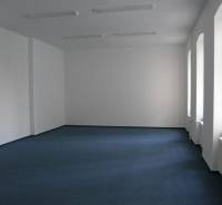 Spacious offices with blue carpet and large windows.