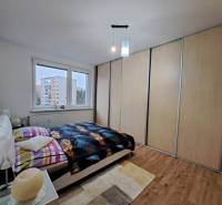 Bedroom in a 2-room apartment with a wooden decor floor and a large built-in wardrobe.
