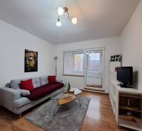 Living room in a two-room apartment with a sofa, glass table, and wooden decor flooring.