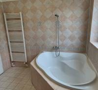 A bathroom with a separate bathtub and tiles in a 3-room apartment.