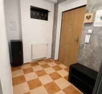 Hallway of a 3-room apartment with tiles, a coat rack, and wooden doors.