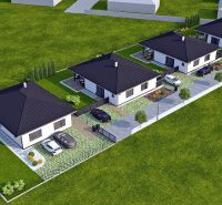 Visualization of family houses on Leknová Street in Láb with landscaped gardens and parking.