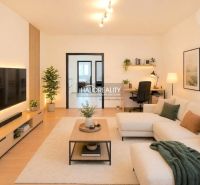 Living room with wood-decor flooring and a comfortable sofa in a four-room apartment.