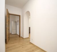 A hallway in a 2-room apartment with a wooden decor floor and an arched transition.