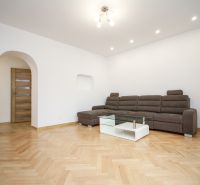 Living room in a two-room apartment with a comfortable couch and a wooden decor floor.