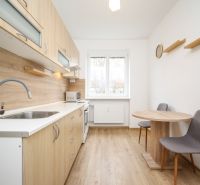 A kitchen in a 2-room apartment with a wooden decor floor, a simple dining area.