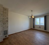 Interior of a family house with a wooden decor floor and a stone wall.