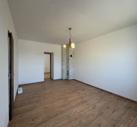 A room in a family house with a wooden decor floor and a brick wall.