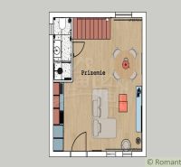 Ground floor plan of a cottage with a living room, kitchen, and wooden decor flooring.