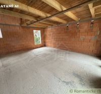 The interior of an unfinished cabin with a concrete floor and brick walls.