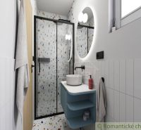 A bathroom in a cottage with a shower and terrazzo tiles on the walls.