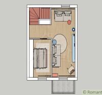 A floor plan of a cabin with a wooden decor floor and comfortable seating.