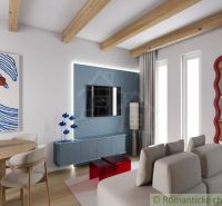 Living room in a cottage with a wood-patterned floor, modern furniture, and decor.