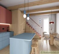 A cabin with a wooden floor decor includes a kitchen, dining area, and stairs.