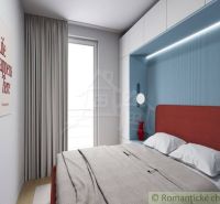 Bedroom in a cabin with light walls, a red headboard, and a quote on the wall.