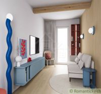 The interior of a cabin with a wood-patterned floor, a sofa, and unique blue decoration.