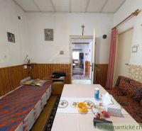 A living room in a family house with wooden paneling and simple furnishings.