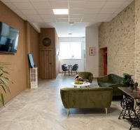 Offices with comfortable seating, a plant, and a television, floor with wood decor.